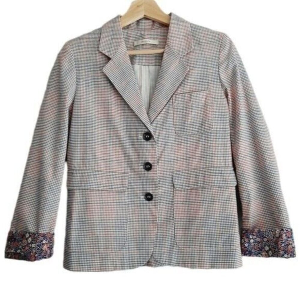 SESSUN Blazer Jacket Checkered Grid Pattern Floral Cuffs Sz S